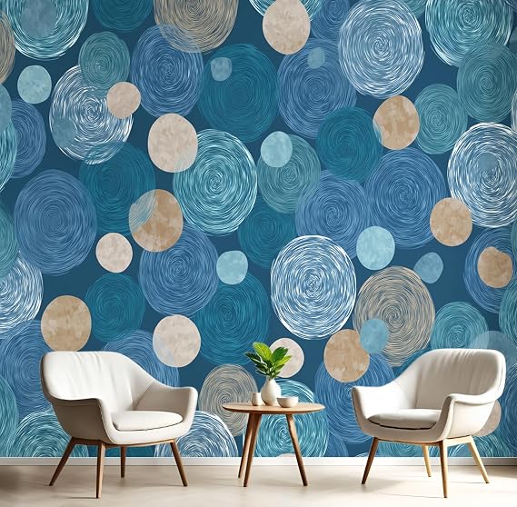 ANALTIRCE 3D Wall Mural Polka Dots Circles Print Photo Wallpaper, Blue Non-Woven Wall Mural Decoration Abstract Geometric Picture, 150105cm Mural for Living Room Kids Bedroom