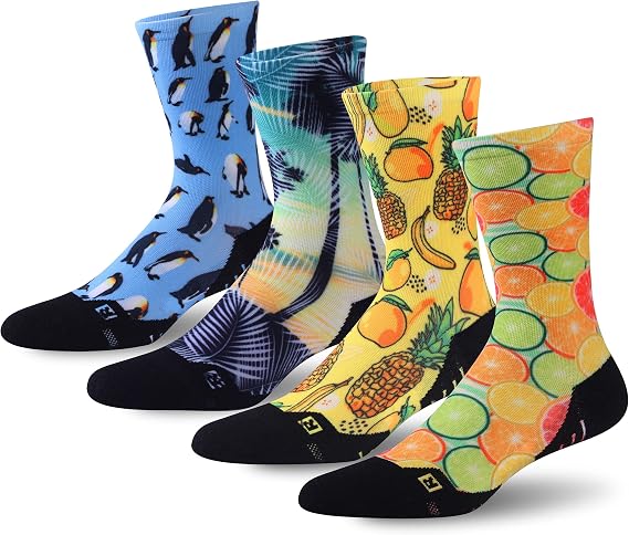 HUSO Funky Digital Printed Crew Socks, Hiking Cycling, Unisex, 4 Pairs