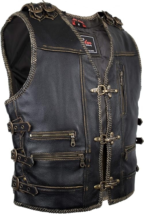 Men's Motorcycle Leather Vest Cowhide in Used Look Retro Style