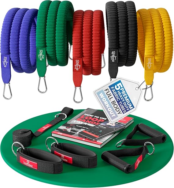 Resistance Bands Set with Handles, Door Anchor, Ankle Straps + Exercise Ebook, 5 Long Latex Tubes Premium Heavy Duty Expander Cords, Full Body Butt Leg Fitness Workout Women, Powerlifting Training Men