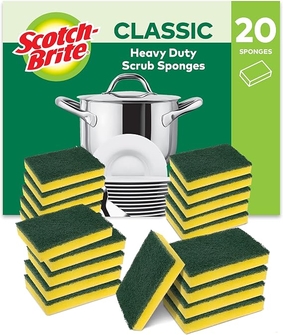 Scotch-Brite Classic Heavy Duty Scrub Sponge, 20 Pieces - Durable Scourer that Easily Removes Grease & Burnt-on Food