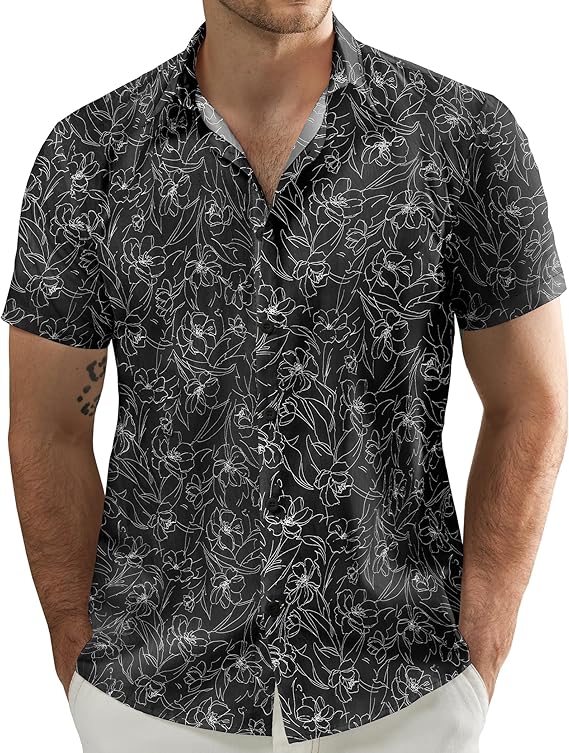 JOGAL Mens Cotton Hawaiian Shirt Short Sleeve Floral Button Down Shirts