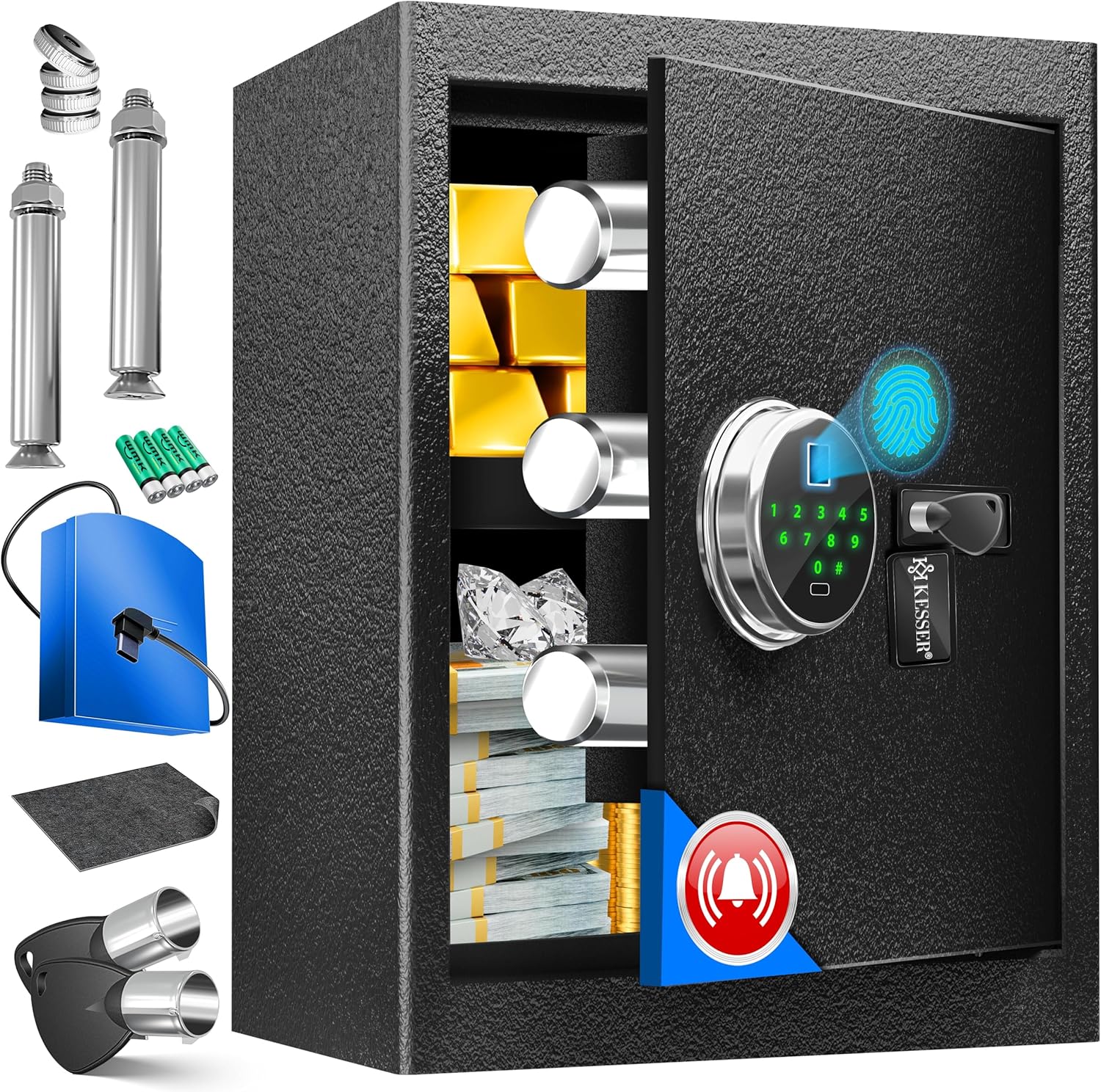 KESSER ® Electric Safe with Fingerprint & Key XL Includes Emergency Battery Electronic Safe 3x Double Bolt Locks Floor Wall Safe Furniture Safe Armored Cabinet Combination Lock Black