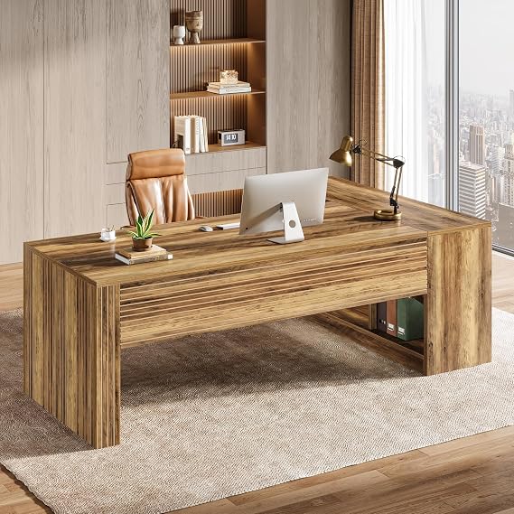 Tribesigns 72.8" Large Executive Desk with 47.24" Cabinet, Office Desk with Storage Shelves, Farmhouse Wooden L-Shaped Desk for Home Office, Rustic Brown