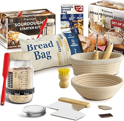 Complete Sourdough Bread Baking Kit - 9 & 10 Banneton Proofing Basket, 31.8 oz Starter Glass Jar, 2 Reusable Bread Bags & All Needed Bread Baking Supplies - Perfect Tools Kit for Baking Enthusiasts