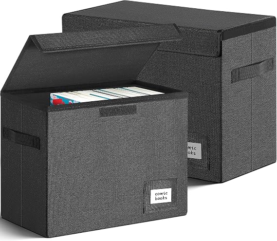 Leffis 2 Pack Collapsible Comic Book Storage Box 15.5" X 7.5" X 11.3", Short Comic Book Box with Handles, Holds 150 Comics Heavy Duty Comic Book Bin