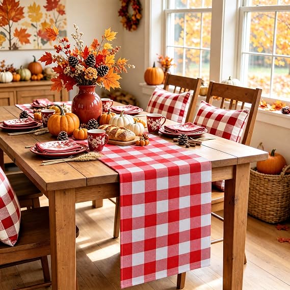 Red and White Gingham Table Runner 72 inches, Buffalo Checked Home Decor