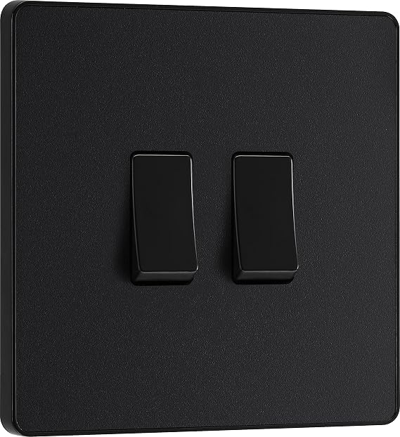 BG Electrical Double Wall Light Switch, 2 Way, Screwless Front Plate, Round Edges, Evolve, Matt Black, 20A, 16AX, PCDMB42B