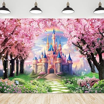 Riyidecor Princess Castle Backdrop Rainbow Pink Sakura Flowers Floral Fantasy Fairy Tale Wonderland 7Wx5H Feet Photography Background Birthday Wedding Party Photo Studio Shoot Polyester Fabric