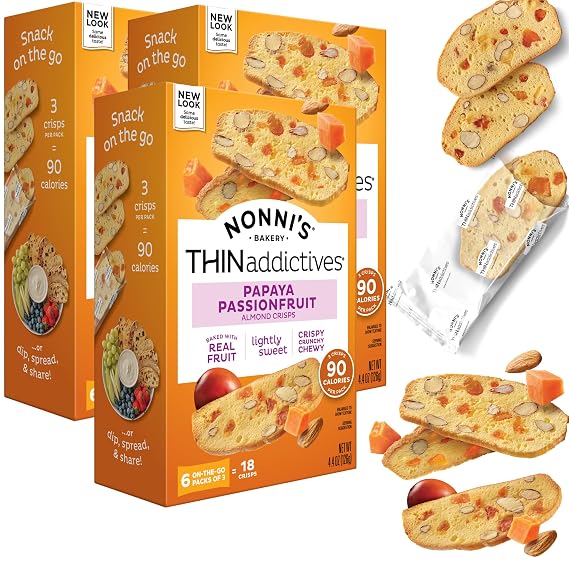 Nonni's THINaddictives Almond Thin Cookies - 3 Boxes Papaya & Passionfruit Cookie Thins Biscotti Italian Individually Wrapped Kosher Coffee 4.4 oz,1.22 pounds