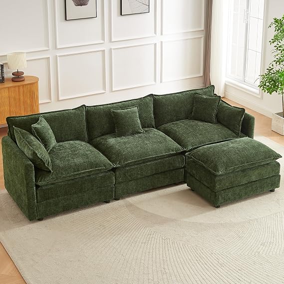 JIEXI Modular Corner Sofa Sectional, Oversized Deep Seat Fabric Couch with Moveable Ottoman, Reversible L-Shape/U-Shape Configurations, Modern Living Room Sofa Set (Green 285CM - L-shaped)