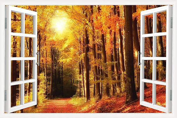 3D Window View Forest Landscape Canvas Art Wall Decor Autumn Natural Scenery Modern Home Decor Canvas Wall Decor for Living Room Bedroom Office Posters Prints Framed Ready to Hang - 36"W x 24"H