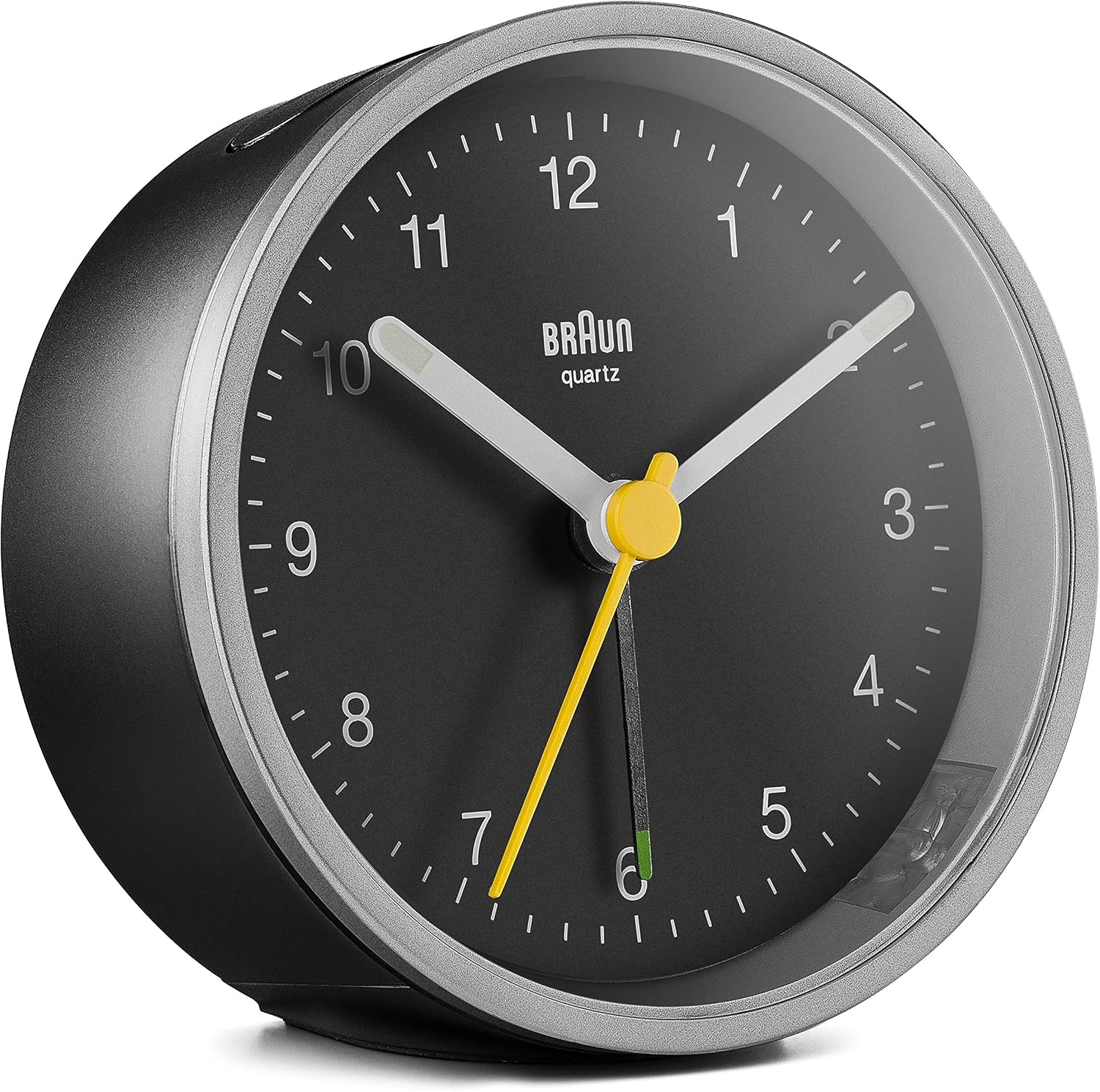 Braun klasik analog çalar saat, erteleme fonksiyonlu ve ışıklı, sessiz kuvars saat mekanizması, siyah ve gümüş renkte Crescendo alarmı, BC12SB modeli