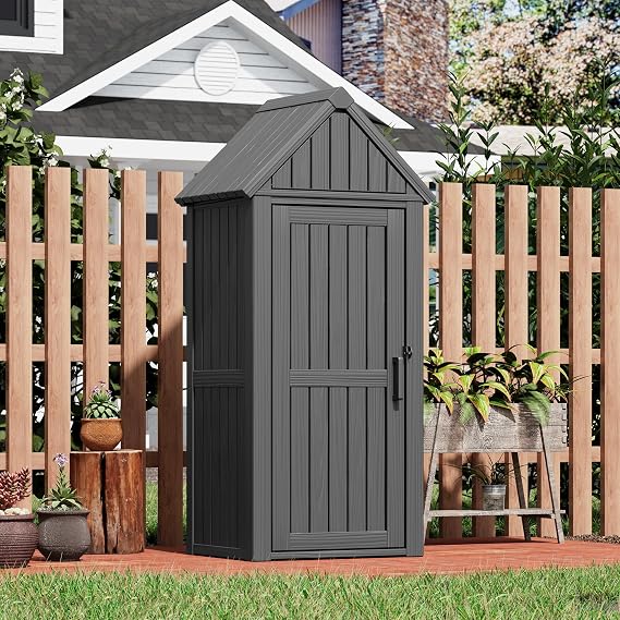 Fancyango Outdoor Resin Storage Cabinet Sturdy All-Weather Shed with Removable Shelves Lock Ring & Reinforced Floor for Garden Patio Lawn (Black1)