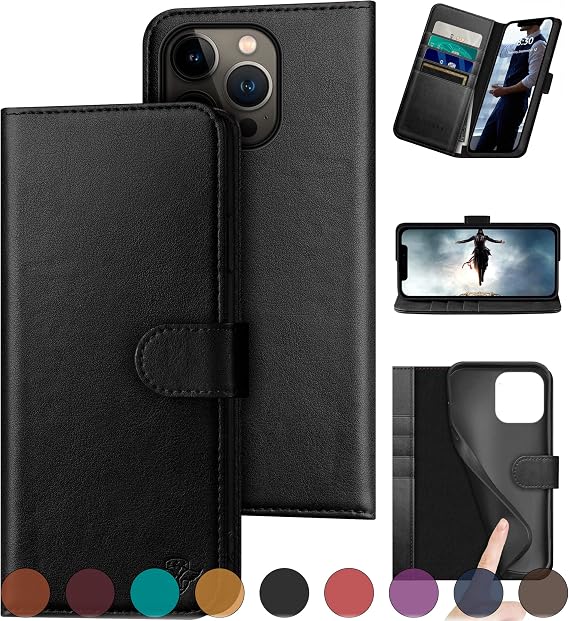 DuckSky for iPhone 14 Pro 6.1" Genuine Leather Wallet case RFID Blocking4 Credit Card HolderReal Leather Flip Folio Book Phone case Protective Cover Women Men for Apple 14Pro 5G case Black