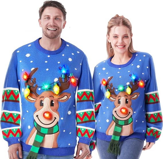JOYIN Ugly Christmas Sweater Women Men Couples, LED Light Up Ugly Christmas Sweater Kids 2025 Reindeer(Blue