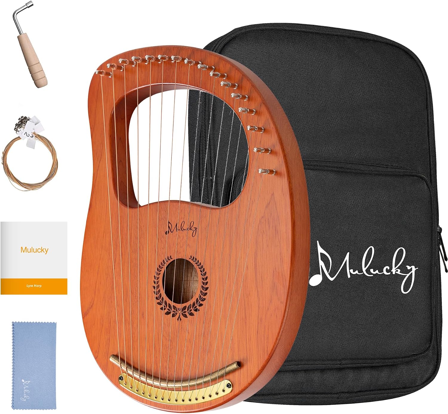 Mulucky Lyre Harp 16 Metal Steel String Bone Saddle Mahogany Lyre Instrument with Tuning Wrench and Black Gig Bag - MLH1601