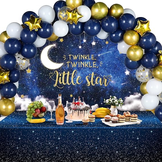 Maitys Twinkle Star Balloon Arch Kit Backdrop Tablecloth Navy Blue Gold