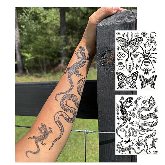 Temporary Tattoos for Adult Women - 2 Sheets - Black Big Snake Butterfly Lotus Mandala Medallion Sexy Small Butterflies Sleeve Words Adults Tattoo