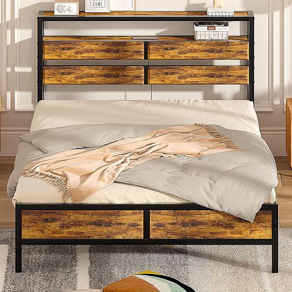 VECELO Metal Platform Full Bed Frame with Wooden Headboard & Charging Station,Sturdy Steel Slats Support/Matress Foudation/No Box Spring Needed(Modern)