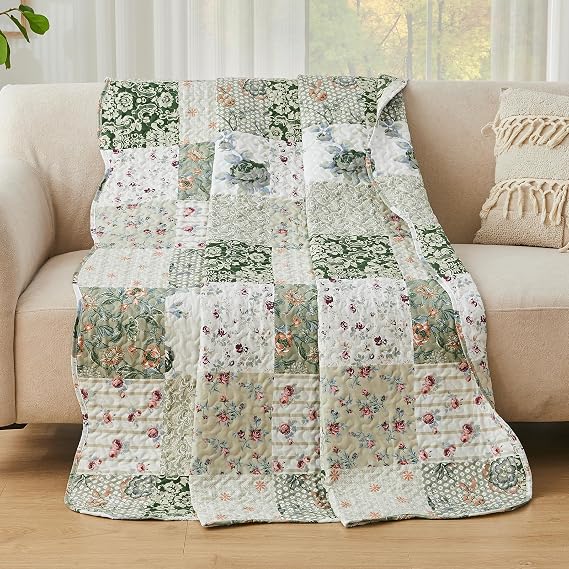 Qucover Single Bedspread Quilted 150x200cm, Green Floral Patchwork Quilts