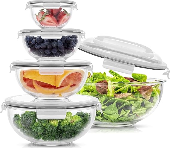 JoyJolt Kitchen Mixing Bowls. 5pc Glass Bowls with Lids Set Neat Nesting Bowls. Large Mixing Bowl Set incl Batter Bowl, Cooking Bowls, Storage Bowls with Lids and Big Salad Bowl with BPA-Free Lids