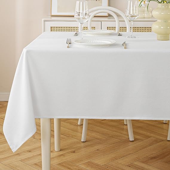 JIALE White Table Cloth Rectangle 4 Feet, Waterproof Linen Textured Tablecloth Washable Wrinkle Resistant Wipeable Farmhouse Rustic for Outdoor Party Wedding Dining Summer, 52 x 70 Inch