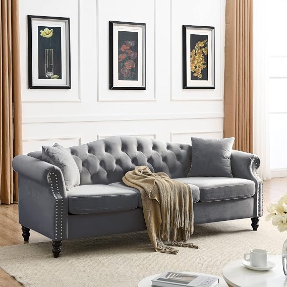 79" Chesterfield Sofa Grey Velvet for Living Room, 3 Seater Sofa Tufted Couch with Rolled Arms and Nailhead for Living Room/Office