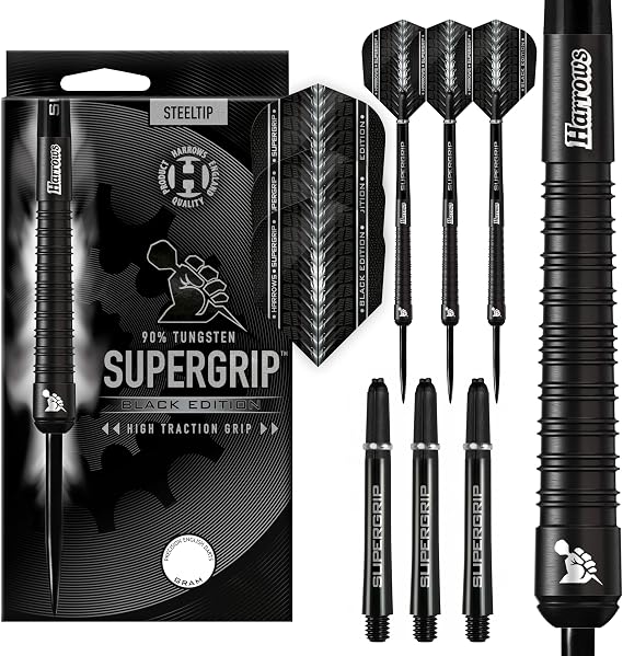 Harrows - SUPERGRIP BLACK EDITION 90% Tungsten Steel Tip Darts Set. Available in Quick Point and Fixed Point - 21g, 22g, 23g, 24g, 25g, 26g, 28g & 30g