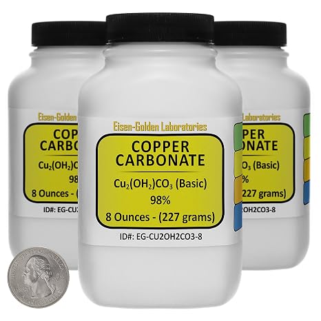 Copper Carbonate [Cu2(OH) 2CO3] 98% AR Grade Powder 1.5 Lb in Three Space-Saver Bottles