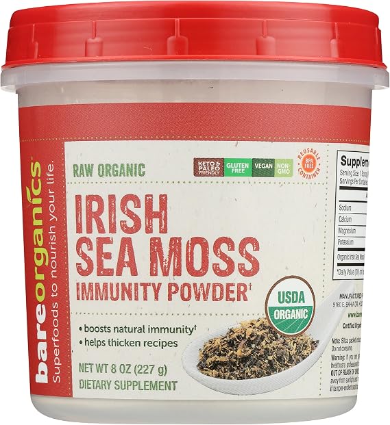 BareOrganics Organic Sea Moss Powder - Raw Irish Sea Moss Powder Superfood - Vegan Seamoss for Smoothies and Juice - Keto & Paleo Friendly, Non-GMO, 8 Oz