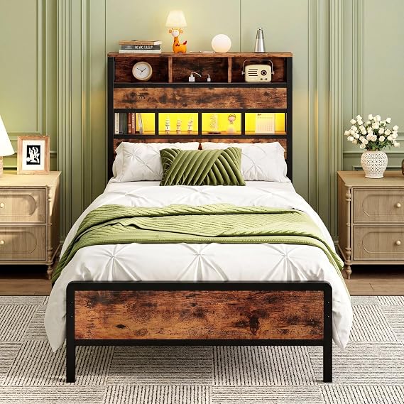 IRONCK Single Bed Frame with Storage Headboard, 3-Tier Shelves, 90x190 cm