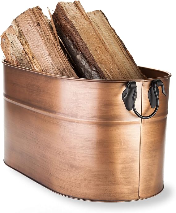 Plow & Hearth Vintage-Style Antique Copper Firewood Bucket with Wrought Iron Handles | Decorative Firewood Rack | Galvanized Steel Log Holder for Fireplace | 13.25" W x 11.25" H x 21.25" L