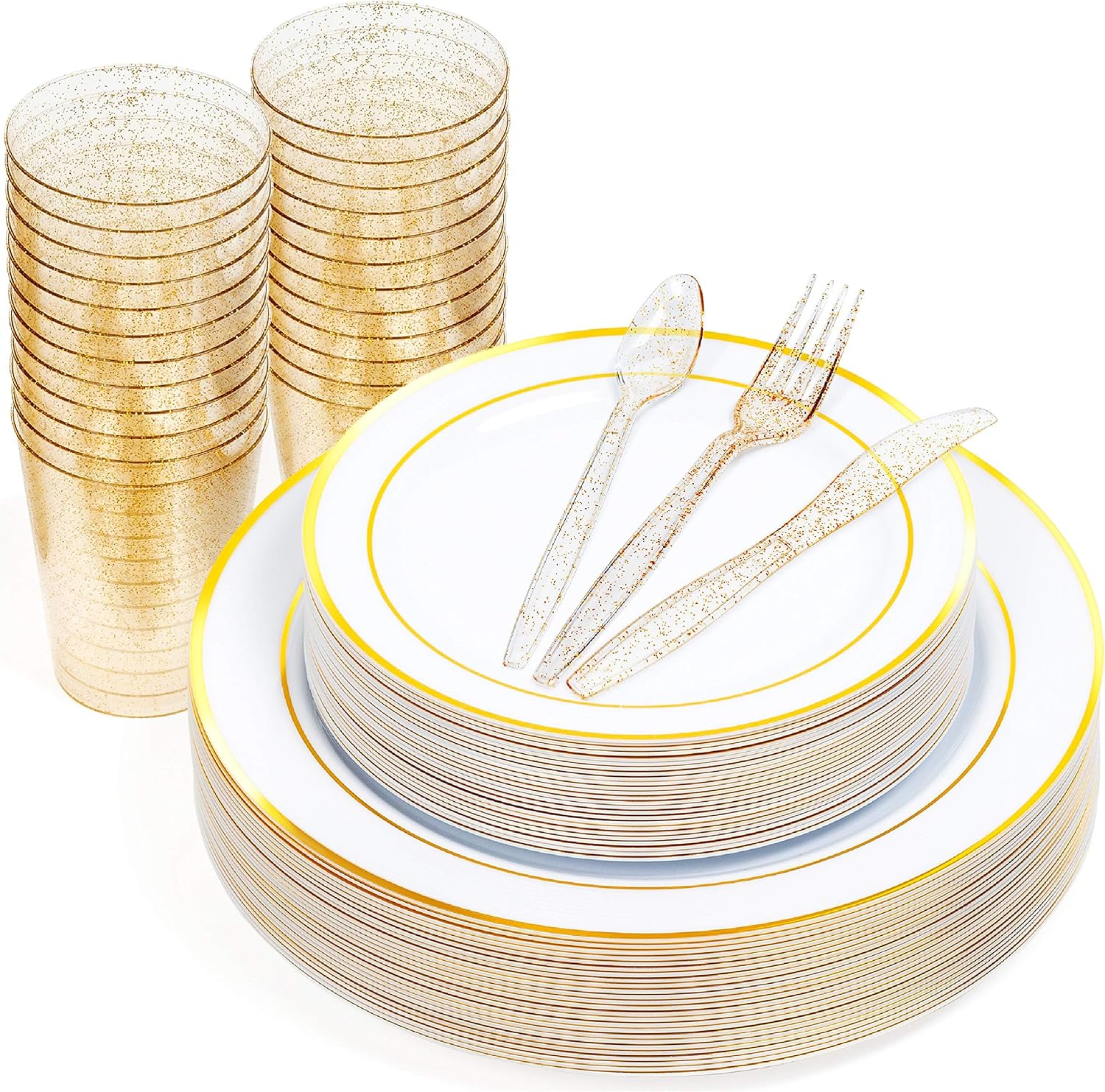 MATANA 300 Pcs Reusable White & Gold Plastic Dinnerware Set for 50 Guests - Dinner Plates, Dessert Plates, 10oz Gold Glitter Cups & Reusable Cutlery for Weddings, Birthdays & Parties