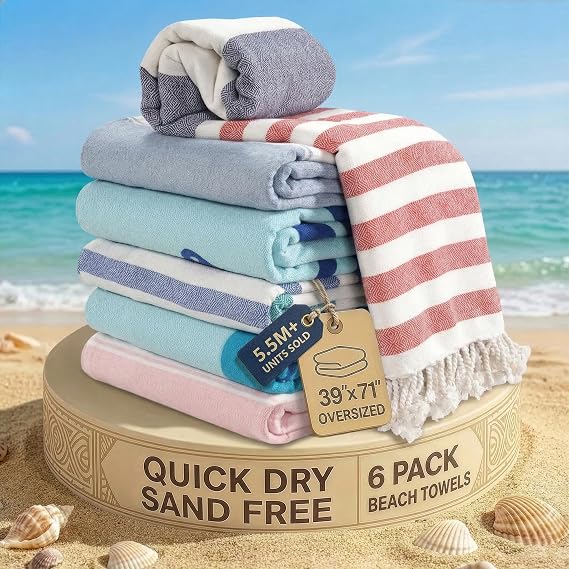 LANE LINEN Turkish Beach Towels 6 Pcs, Pre-Washed, Durable - Coastal Bliss