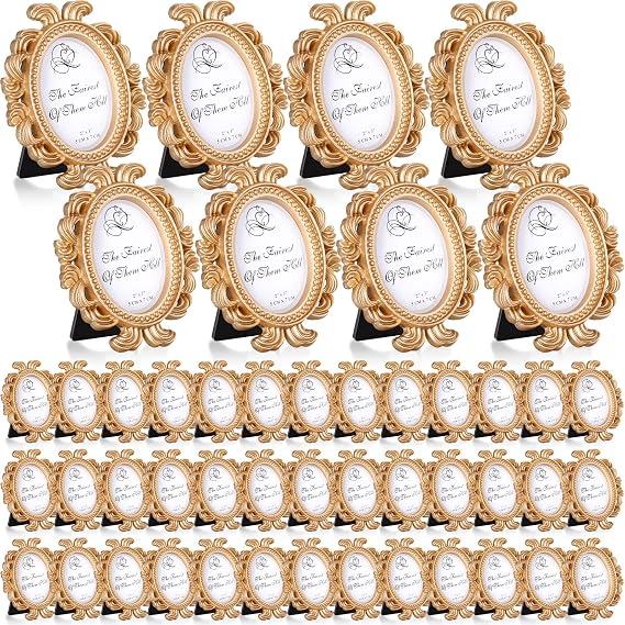 Vicenpal 60 Pieces Vintage Picture Frame Antique Photo Frame Baroque Place Card Photo Holder Mini Picture Frame Beaded Photo Frame Resin Oval Frame Display Frame Christmas Holiday Decor, Gold