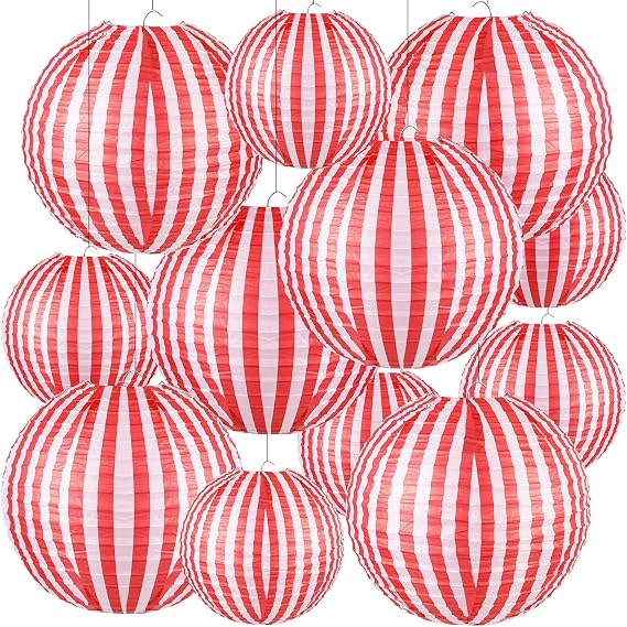 Hortsun 12 Pcs Red White Striped Paper Lanterns Circus Carnival Wedding
