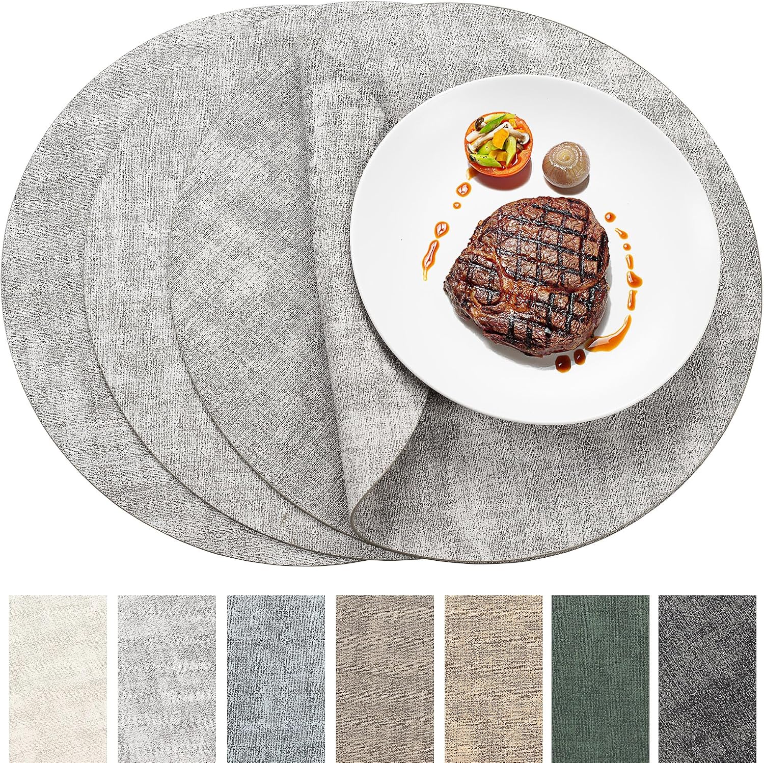 Round Faux Leather Placemats Set of 4，100% Waterproof and Heat Resistant Table Mats，Anti Slip Wipeable Washable Vinyl Place Mats，Easy Care Table Mats Suitable for Indoor & Outdoor Use