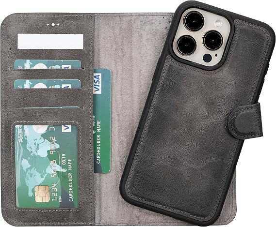 iPhone 15 Pro Max ile uyumlu Hakiki Deri Cüzdan Kılıf - Kart Yuvalı, Tam Koruma, MagSafe Uyumlu, RFID Korumalı, Stantlı, Güçlü Manyetik Kapama - Üniseks (Gri)
