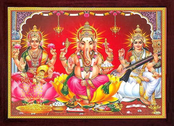 Lakshmi Ganesha Saraswati Photo Frame - Hindu Wall Art, 13.5 x 9.5 Inch | SANVIKA Tridevi HD Print, Acrylic Glass, Ready to Hang - Pooja Room, Home Mandir, Office, Living Room Decor, Diwali Gift