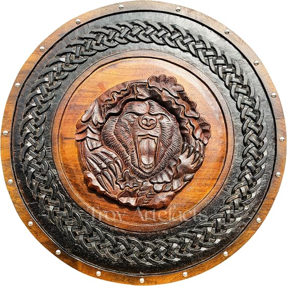 Troy Artefacts Authentic Handmade Berserker Bear Totem Oaken Carved Wooden Viking Shield - Ideal for SCA, LARP, Roleplay, Cosplay, Christmas, Home Decor for Husband, Dad, or Boyfriend