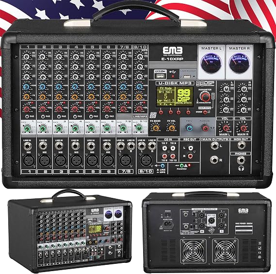 EMB PX2 1000W 10 Channel Power Mixer Console w/DSP Effects, Bluetooth, Record