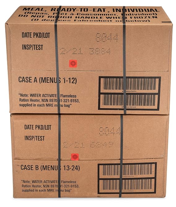 Sopakco 24ct US Military Surplus MRE Meals Ready to Eat 2021 Inspect A+B Case Bundle Menus 1-24 | Genuine Military Surplus | Long Shelf Life | Emergency & Survival Food