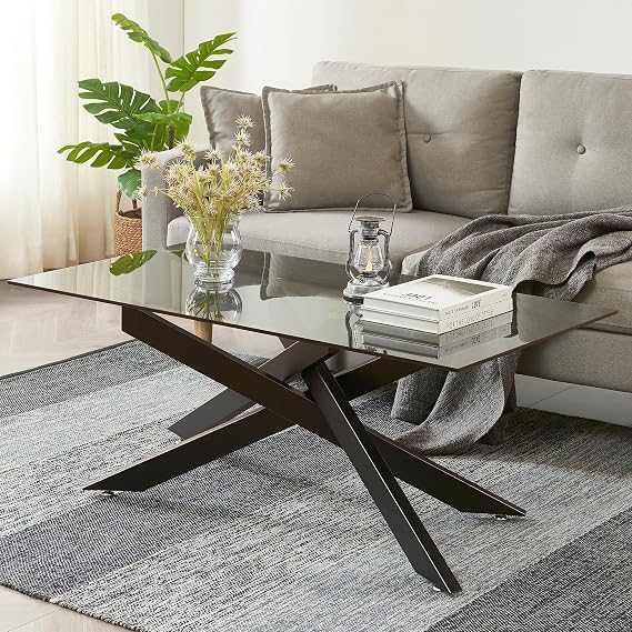Rectangle Modern Coffee Table, Gray Tempered Glass Table Top, Black Metal Tubular Legs with Gold Rim 47.3Lx23.6Wx18.1H Black