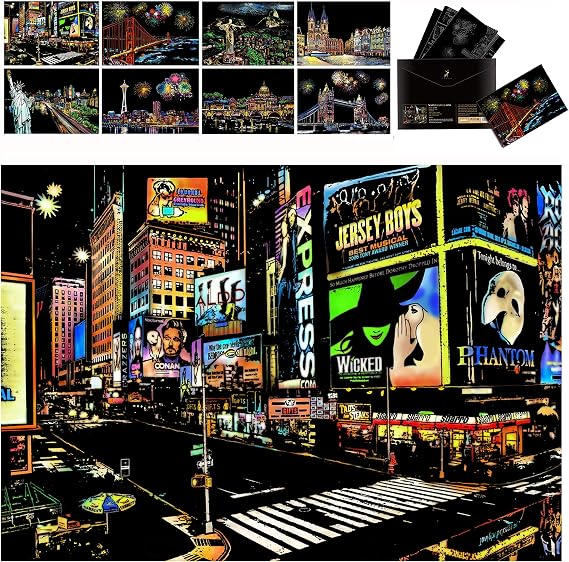 Niewalda Scratch Paper Art for Adults, A4 8-Pack Beautiful City Night View