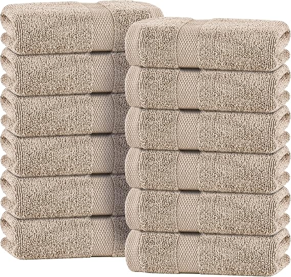 Wealuxe Taupe Hand Towels 16x27 Inch - 12 Pack, Soft 100% Ring-Spun Cotton