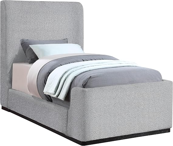 Meridian Furniture OliverGrey-T Oliver Collection Modern | Contemporary Boucle Fabric Upholstered Twin Bed with Solid Wood Black Wire Brush Finish, 43.5" W x 82.5" D x 56.5" H, Grey, Twin